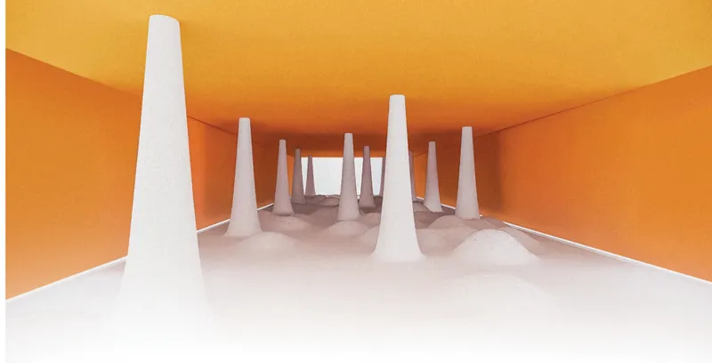 Interior view of white conical columns supporting an orange ceiling in a perspective corridor