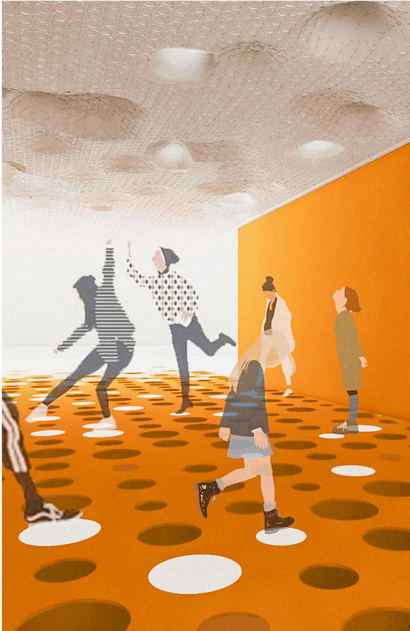 Interior rendering of visitors moving across the orange and white dotted floor beneath a fabric ceiling