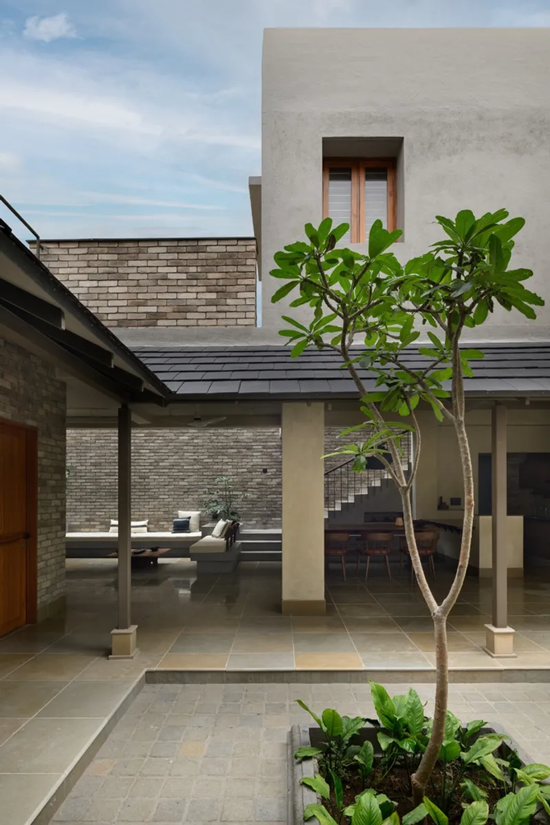 Courtyard view with young tree, stone paving, and glimpse into living space through covered terrace