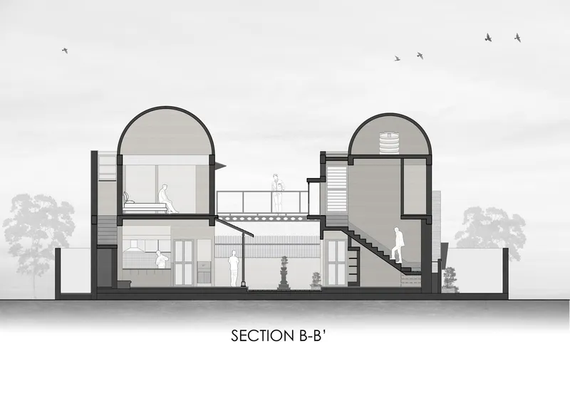 Section drawing showing double-height spaces with central stair and arched rooflines with birds overhead