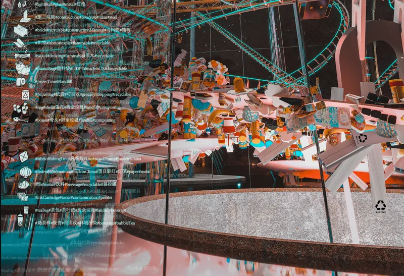 View into sorting chamber with suspended recyclable materials and looping conveyor track overhead
