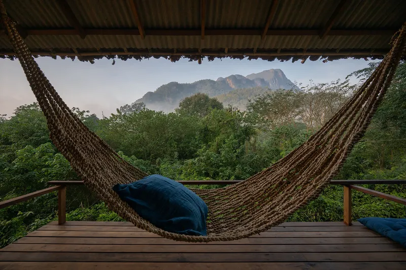 Covered timber deck with rope hammock framing a view of forested hills and distant mountain peak