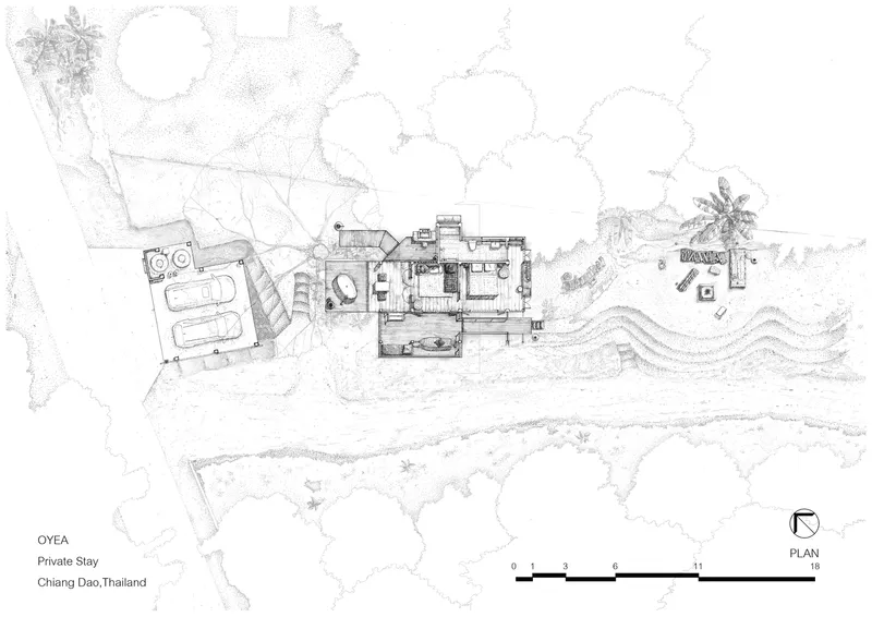 Floor plan drawing showing room layout with surrounding landscape features and topographic lines