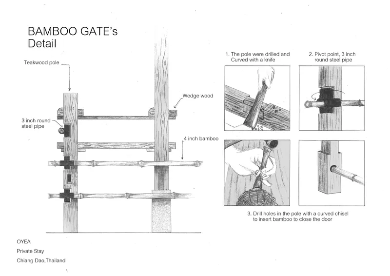 Construction detail drawing of bamboo gate assembly with teakwood poles and steel pipe pivot points