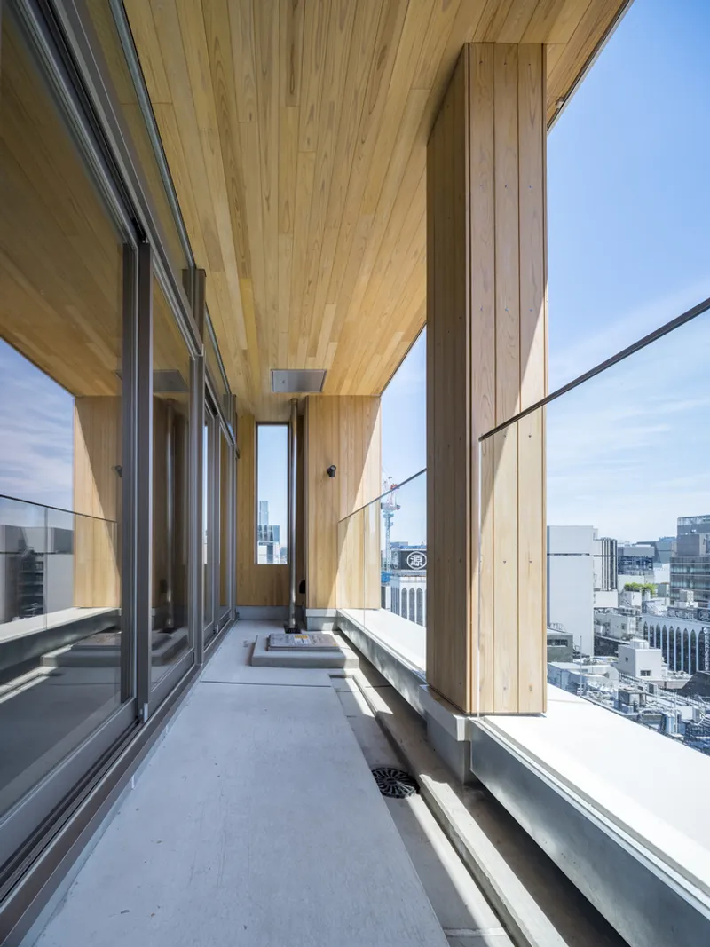 Rooftop terrace with timber-clad soffit and columns, glass railings, and views over the urban skyline