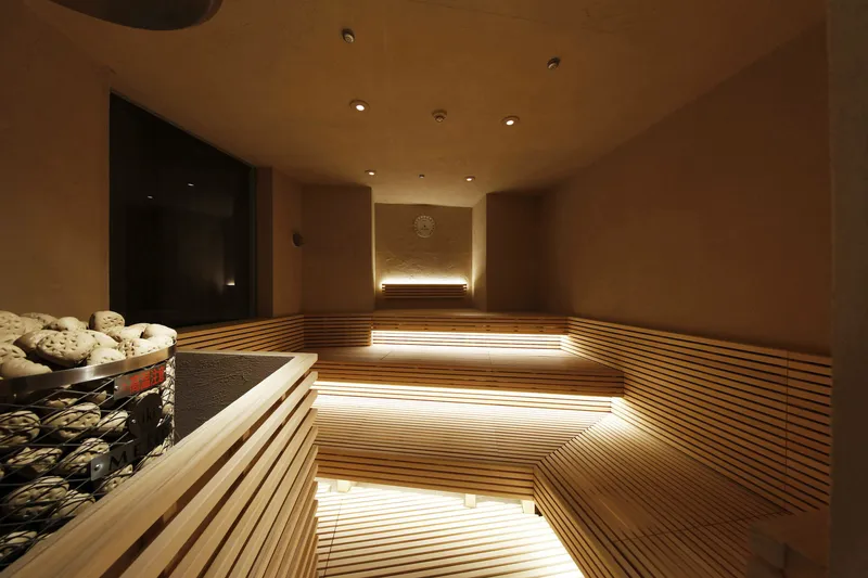 Sauna interior with tiered timber benches and integrated linear lighting beneath each level