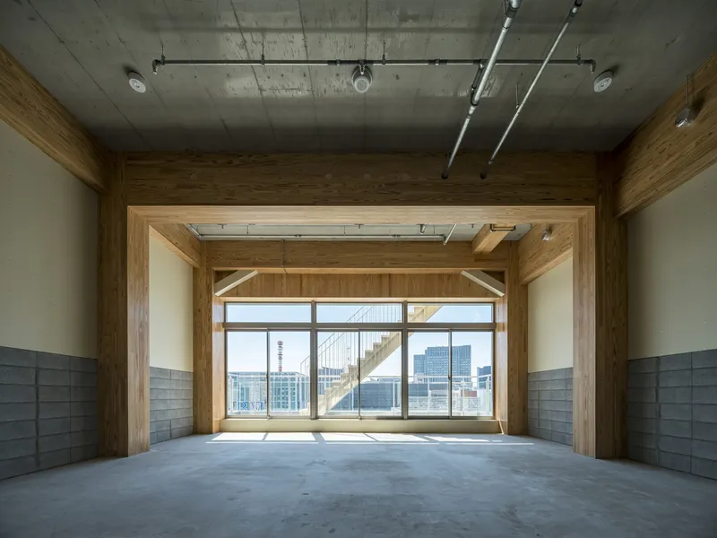 Empty interior space with exposed timber framing, concrete ceiling, and glazed opening to the cityscape