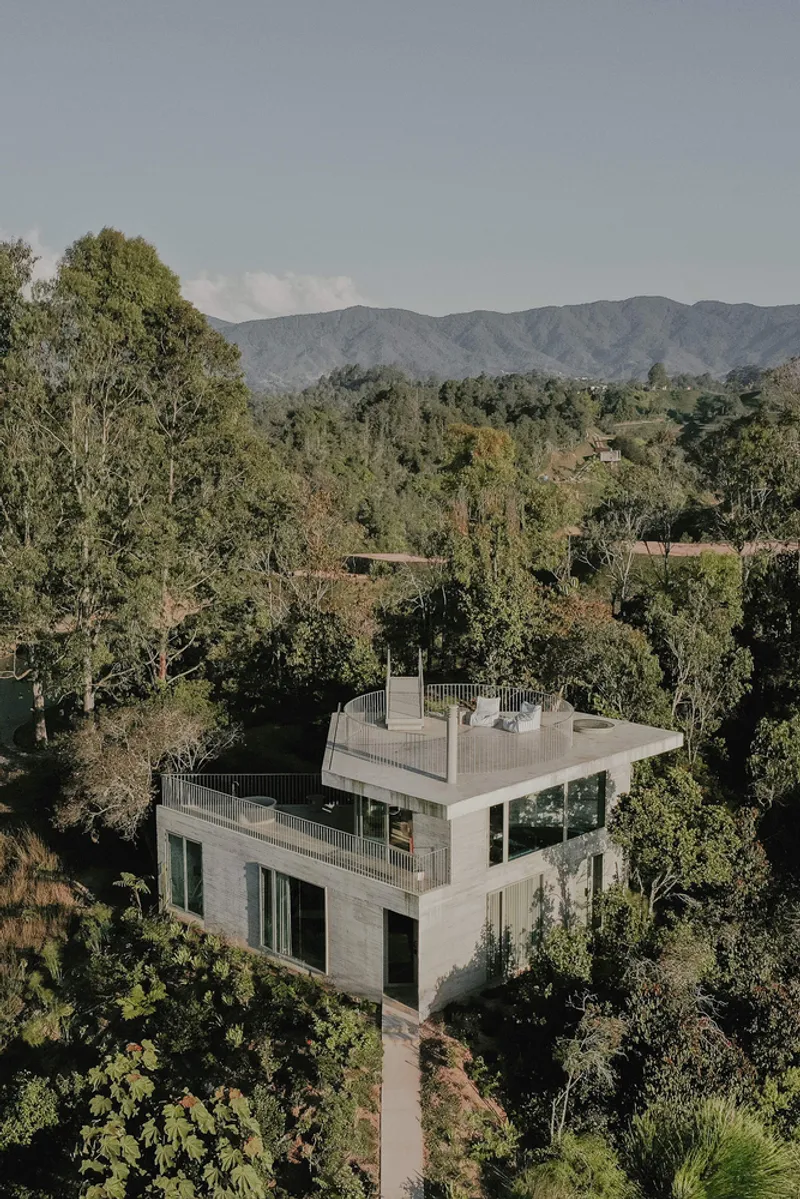 Two-story concrete volume with rooftop terrace set among trees with mountain range in the distance