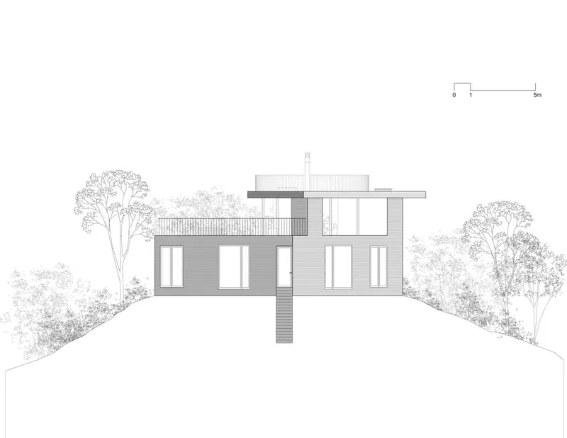 Elevation drawing showing horizontal volumes with roof terrace and central entry stair on hillside
