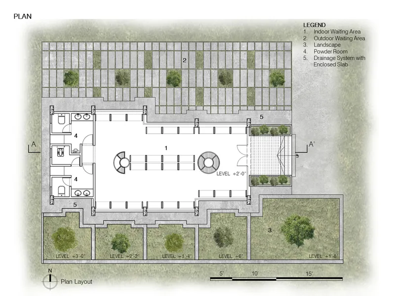 Floor plan drawing showing a central waiting area with flanking powder rooms and stepped landscape courtyards