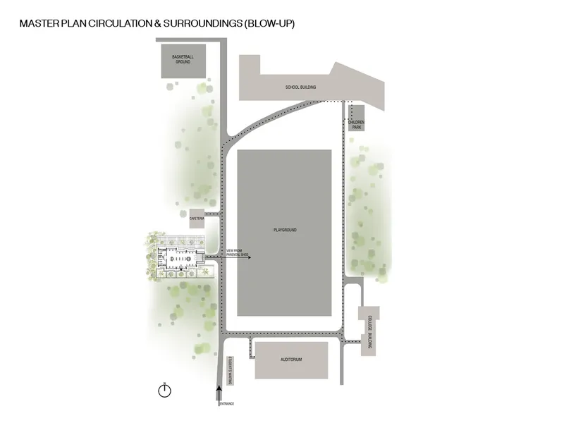 Site plan drawing showing circulation paths connecting the pavilion to surrounding playgrounds and school buildings