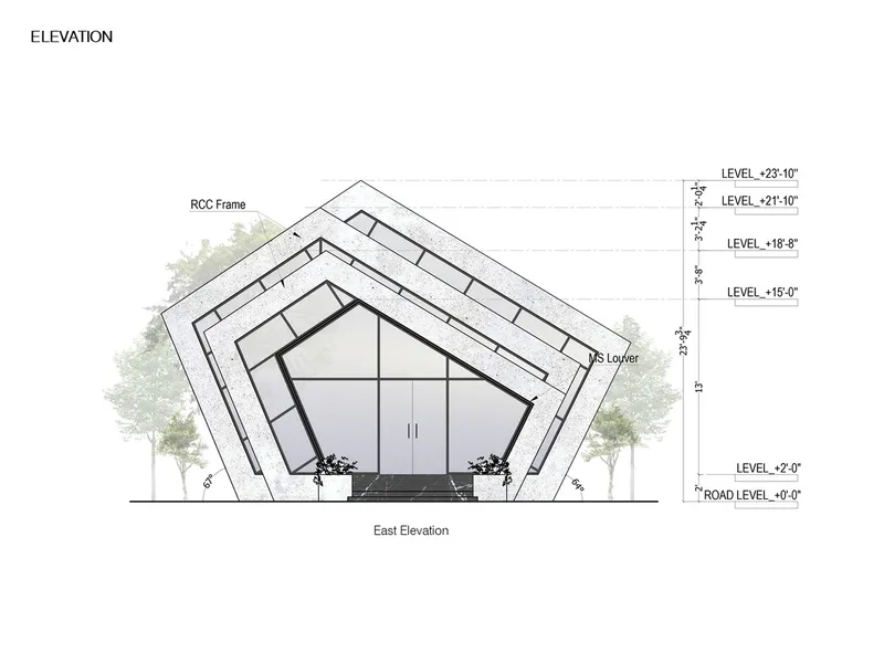 East elevation drawing depicting the sloping layered roof frame above a glass entrance with flanking trees