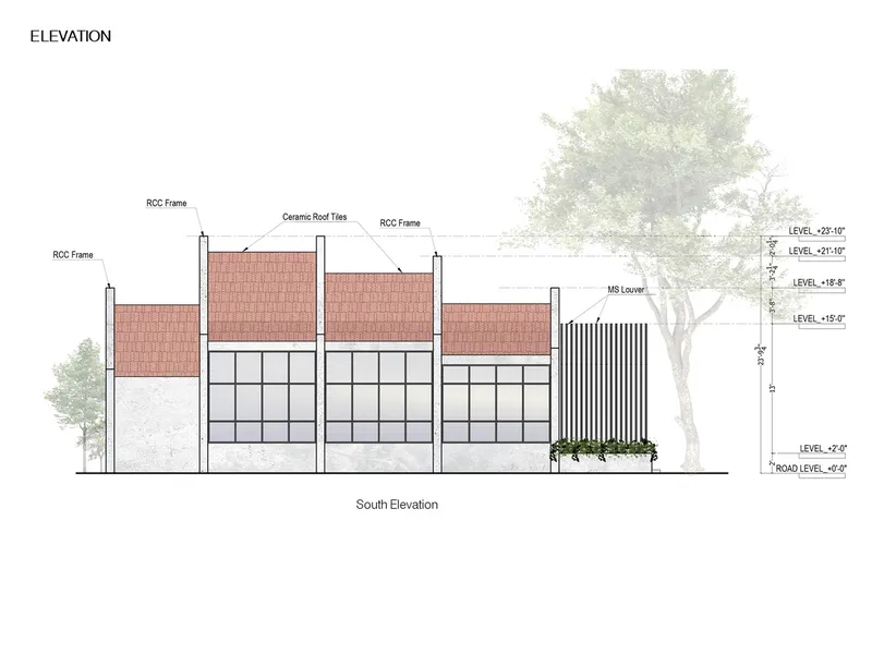 South elevation drawing showing ceramic roof tiles above gridded glazing and a vertical louvered screen with planting