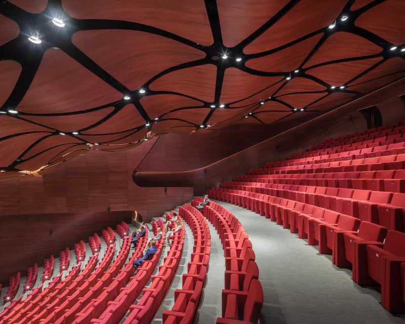 Auditorium interior with red upholstered seating and branching black ceiling framework with integrated lighting