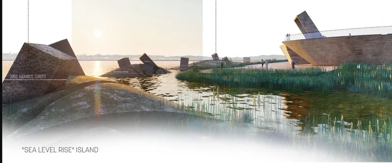 Rendering of angular timber pavilions emerging from the water with reeds at golden hour