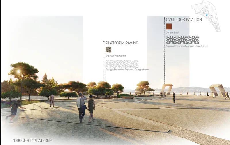 Rendering of the exposed aggregate paving with pedestrians crossing toward distant pavilions at dusk