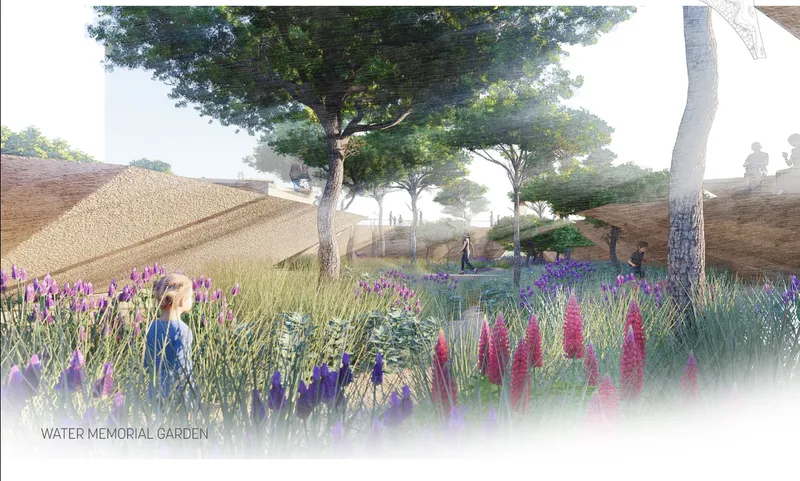 Rendering showing terraced earthwork with visitors walking among flowering perennials and mature trees