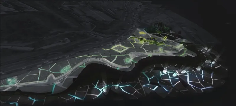 Aerial rendering of a green-roofed terminal with angular peaks above illuminated aircraft on the tarmac at night