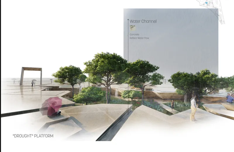 Rendering showing the terraced platform with water channels and trees beneath a concrete wall