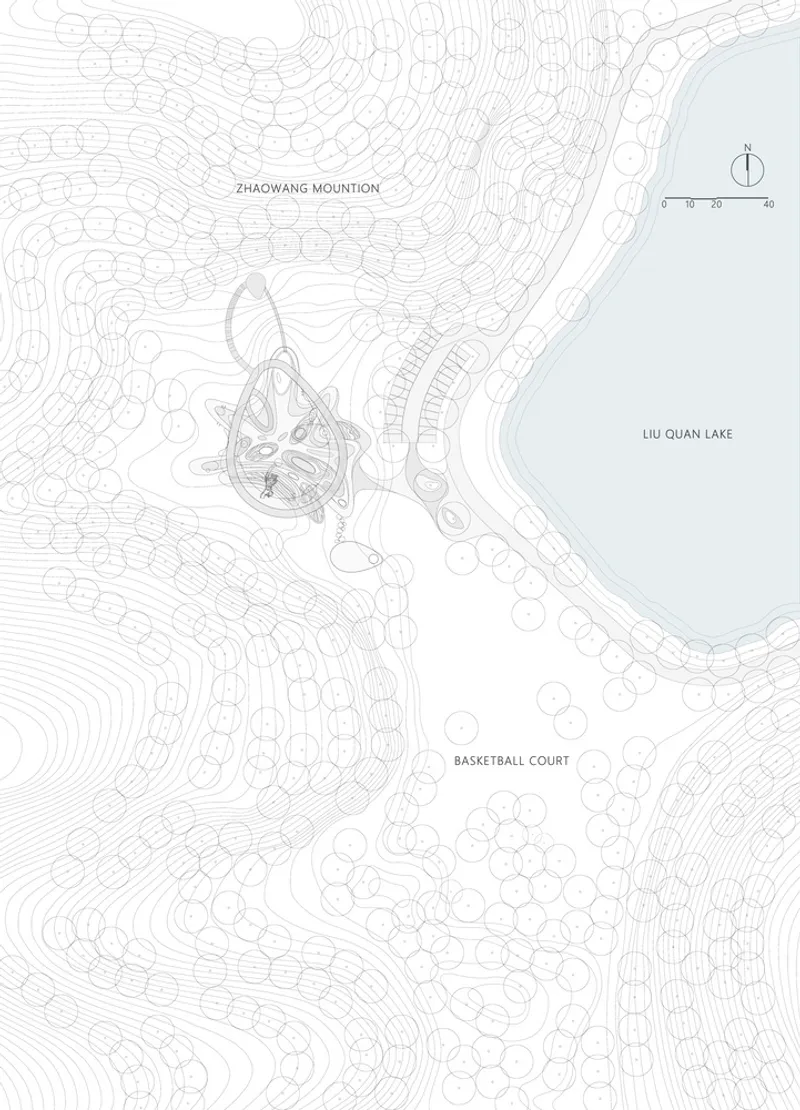 Site plan drawing depicting a lakeside structure with topographic contours and vegetation patterns