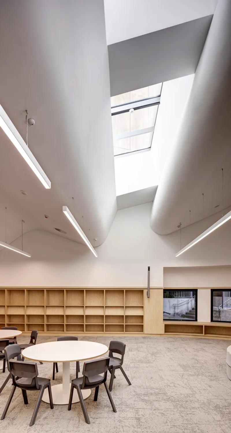 Double-height library space with skylights, built-in shelving and suspended linear lighting