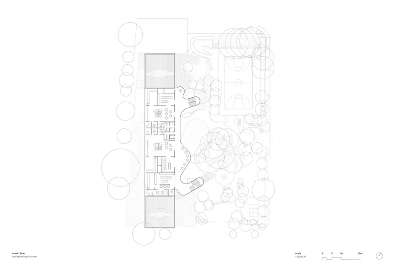 Level floor plan drawing showing interior spaces with a curved circulation spine linking rooms and gardens