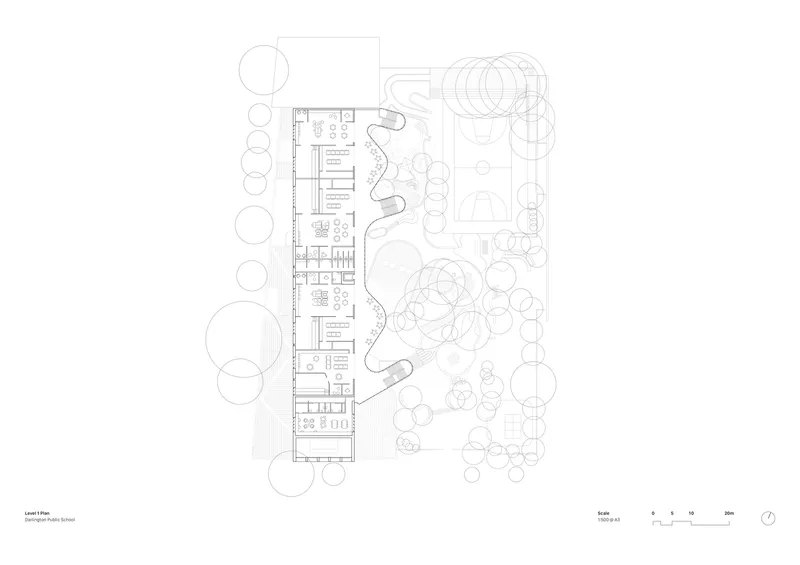 Level floor plan drawing showing a linear building volume with interior room divisions and curved outdoor pathways