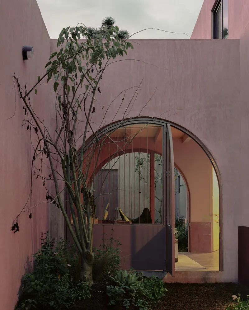 Arched glazed entrance with vertical slats beside a small tree and planted garden bed