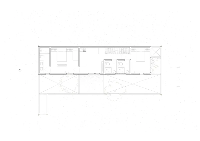 Floor plan drawing showing upper level with courtyard spaces and interior room layout