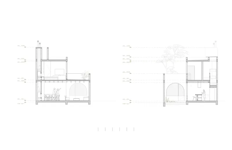 Dual section drawing displaying arched openings and a tree canopy visible above one volume