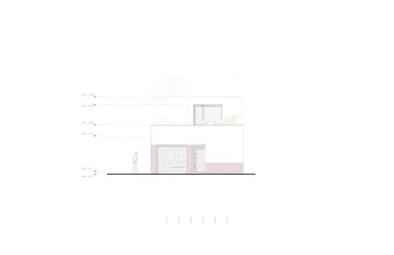 Elevation drawing showing stacked white volumes with vertical slat screening and a rooftop terrace