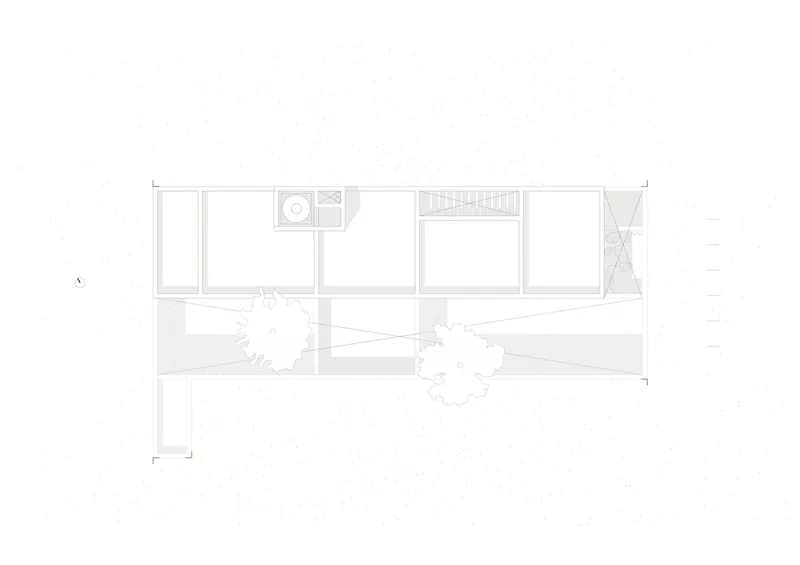 Plan drawing showing interior rooms with two tree canopies and an angled diagonal element