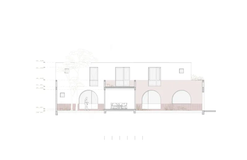 Section-elevation drawing featuring arched openings in pink-toned masonry with a recessed balcony above