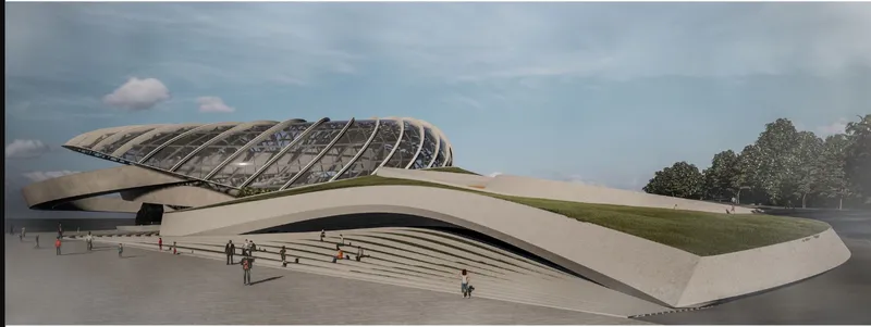 Side view of the cantilevered entry plaza with grass-covered roof and ribbed dome under cloudy sky