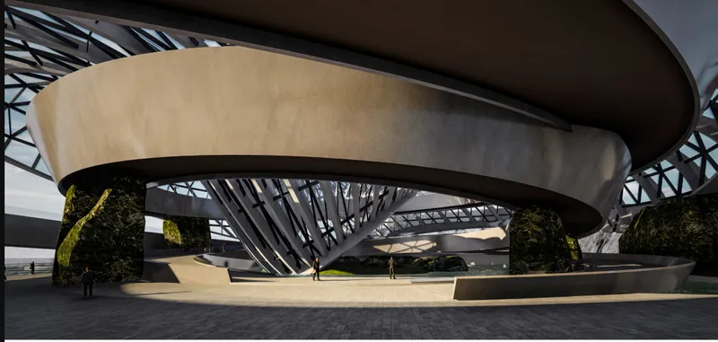 View beneath the cantilevered roof disc showing the exposed structural web and open plaza below
