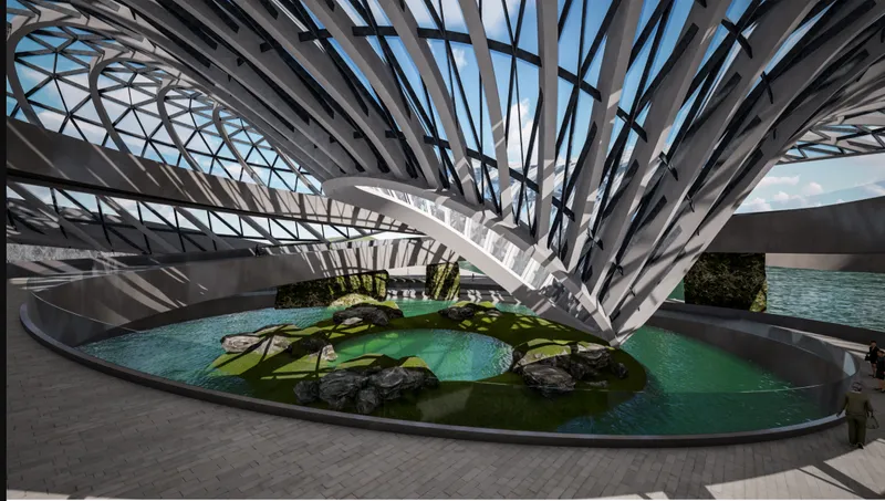 Interior atrium with radiating structural ribs above a circular pool with rock formations and planted greenery