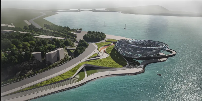 Elevated view of the waterfront structure with curved pedestrian paths connecting to forested shore under misty light