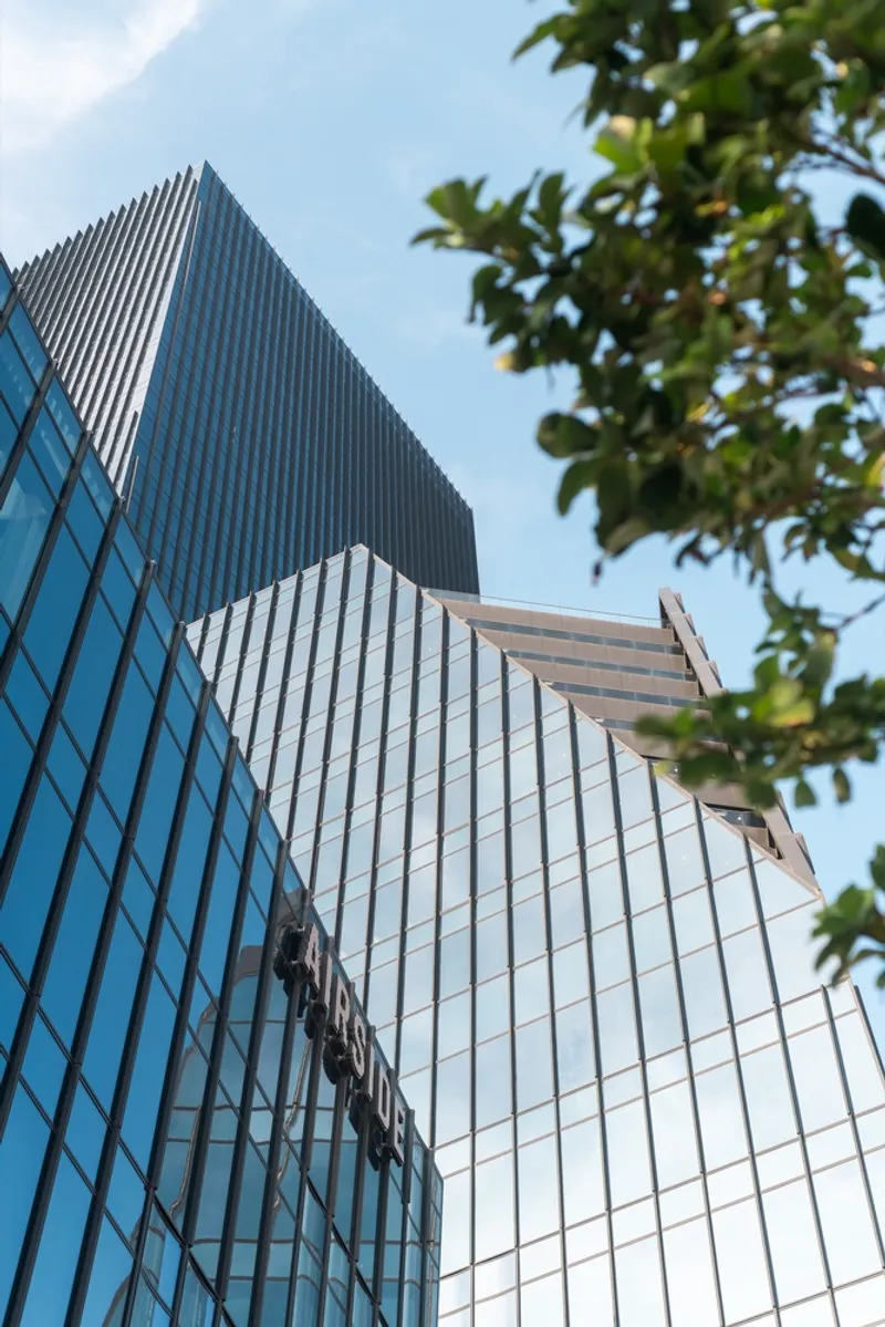 Upward view of white and blue glass tower facades with tree branches in the foreground