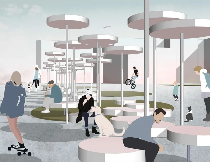 Rendering of a public plaza with circular canopies on slender columns and people skating and cycling