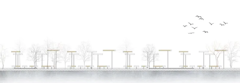 Elevation drawing of a colonnade with rectangular canopies on vertical supports interspersed with leafless trees