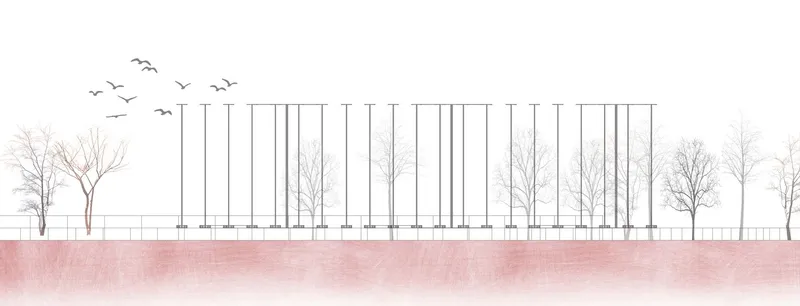 Elevation drawing showing a colonnade of slender vertical supports with winter trees in the background