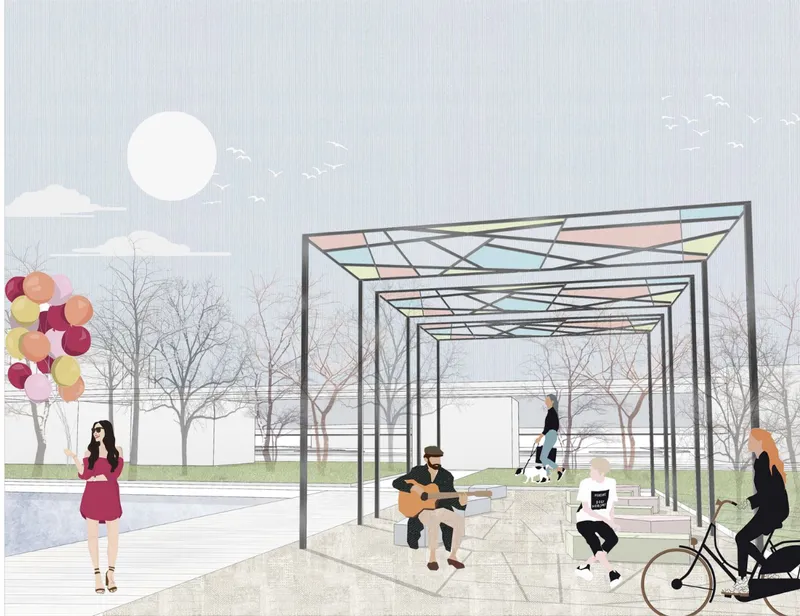 Rendering of a steel frame pavilion with glazed roof panels and people gathering beneath bare trees