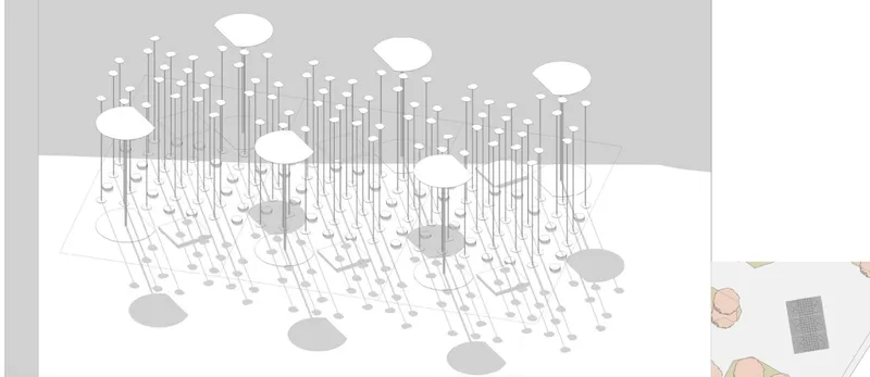 Axonometric drawing depicting a cluster of canopy columns with circular tops casting shadows below