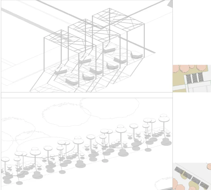Axonometric and section drawings showing repeated canopy structures supported by columns with circular caps
