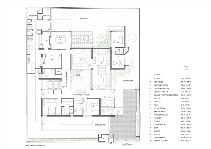Ground floor plan drawing showing rooms arranged around central courtyards with landscape areas and wide passage