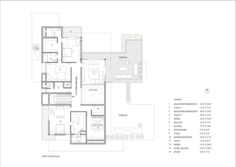 First floor plan drawing showing bedrooms and terraces with cut-out voids and balcony spaces