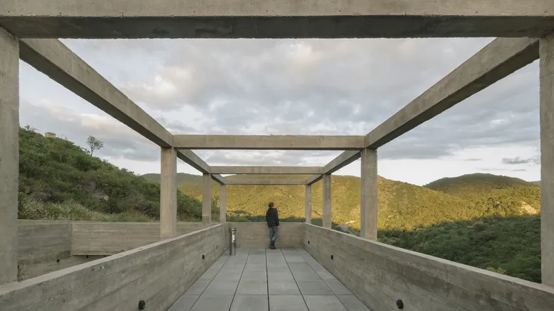 Open rooftop terrace framed by concrete columns with figure and dog looking toward sunlit hills