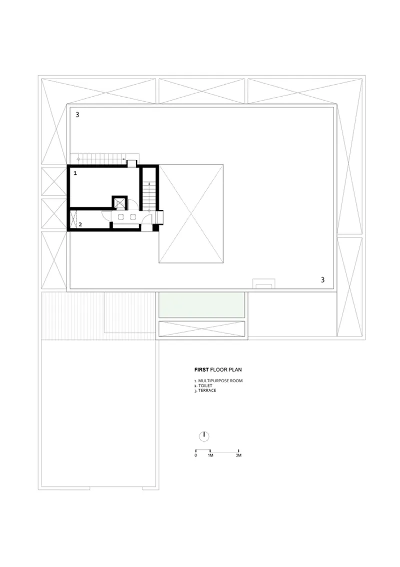 First floor plan drawing showing enclosed rooms above the courtyard with an adjacent terrace