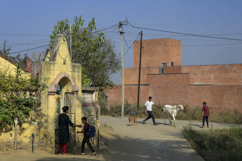 Brick volumes behind a street scene with people walking cattle past a yellow painted gateway