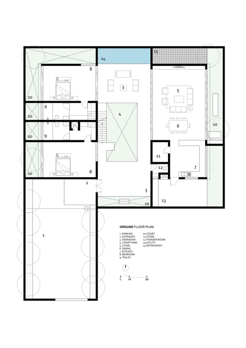 Ground floor plan drawing showing rooms organized around a central courtyard with a stairwell